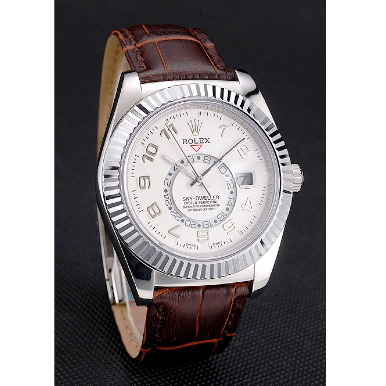 Rolex copies cheap Sky Rolex Strap Dial Steel Leather Dweller Stainless Case White Brown 0724